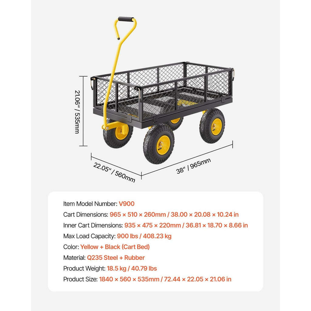 Vevor 500/1200/1400 Lbs Steel Garden Cart, Heavy Duty Pullable Cart with Wheels for Garden, Metal Yard Utility Wagon with 10" All Terrain Tires, Removable Mesh Sides and 180° Rotating Handle