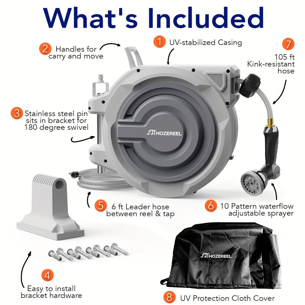 110FT X 1/2" Retractable Garden Hose Reel by HOZEREEL, Outdoor Garden Hose Reels - Automatic Self Retract Wall Mount Hose Reel Enclosed Storage, Any Length Lock, 10 Pattern Nozzle-Grey