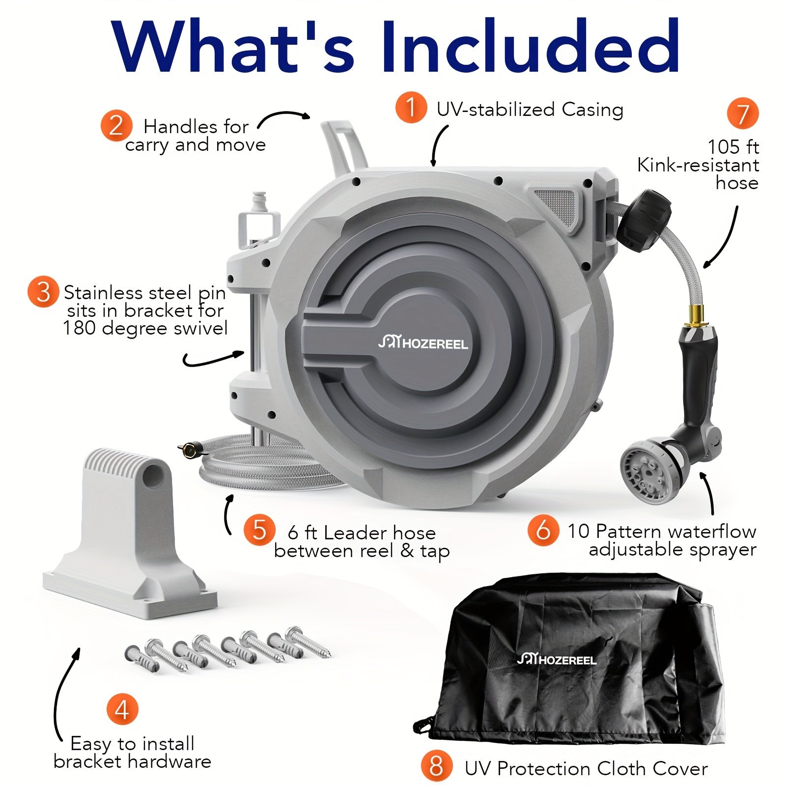 110FT X 1/2" Retractable Garden Hose Reel by HOZEREEL, Outdoor Garden Hose Reels - Automatic Self Retract Wall Mount Hose Reel Enclosed Storage, Any Length Lock, 10 Pattern Nozzle-Grey
