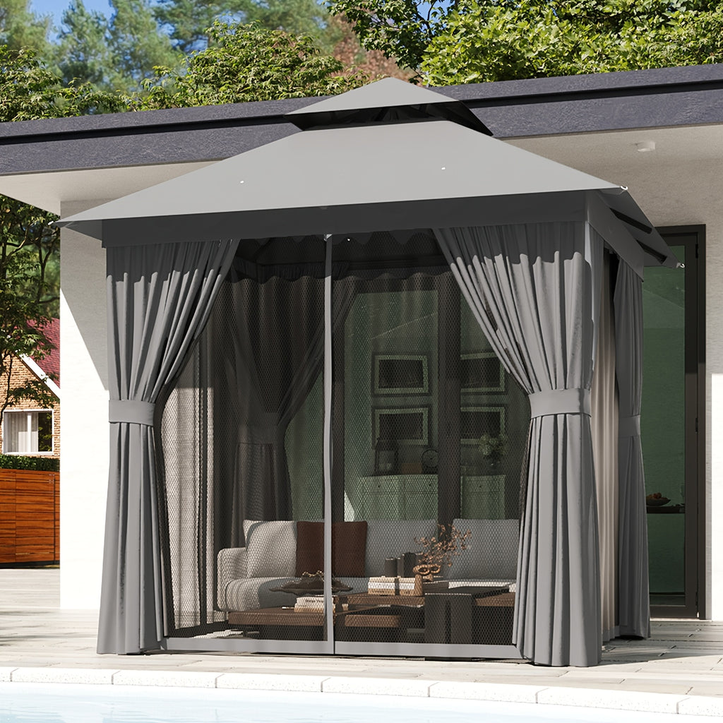 10'x12'/10'x10'/8'x8' Outdoor Gazebo & Pergola for Patio - Double Roof Steel Canopy with Mosquito Net And Privacy Screen, Heavy Duty Party Tent Shelter for Backyard, Lawn, Garden, All-Weather Gazebos with Patio Cover (Grey/Beige/Blue)