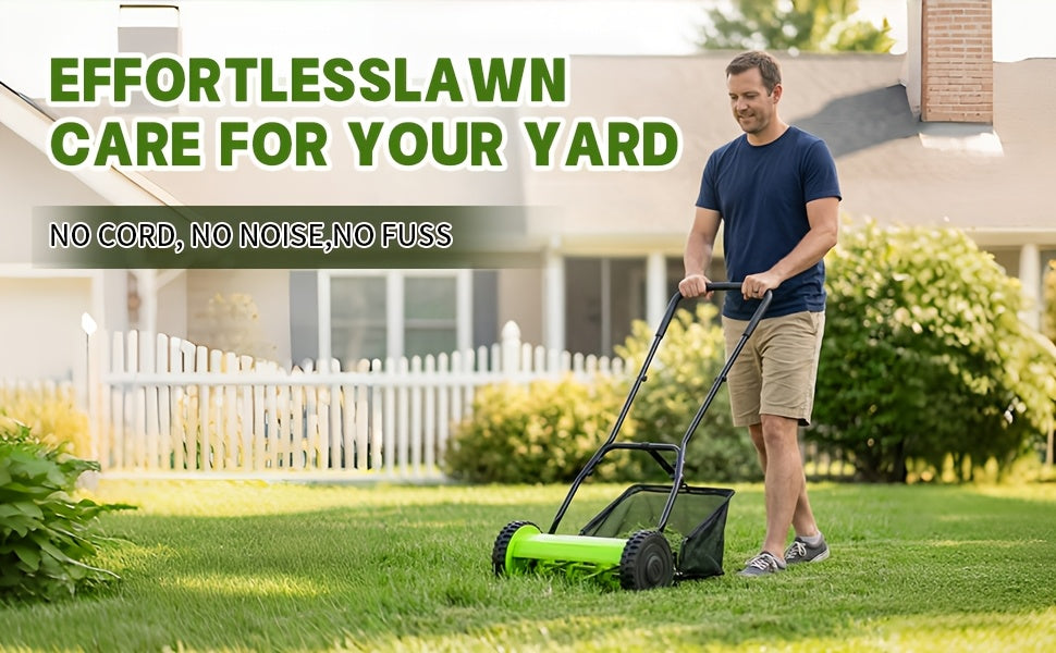 Durable Steel Construction, Precision-cut for Perfect Stripes, 12-inch 5-blade Manual Reel Push Mower, High-strength Steel Blades, Grass Catcher, Ergonomic U-shaped Handle, Dual-wheel Design. No Electricity Required, Suitable for Residential