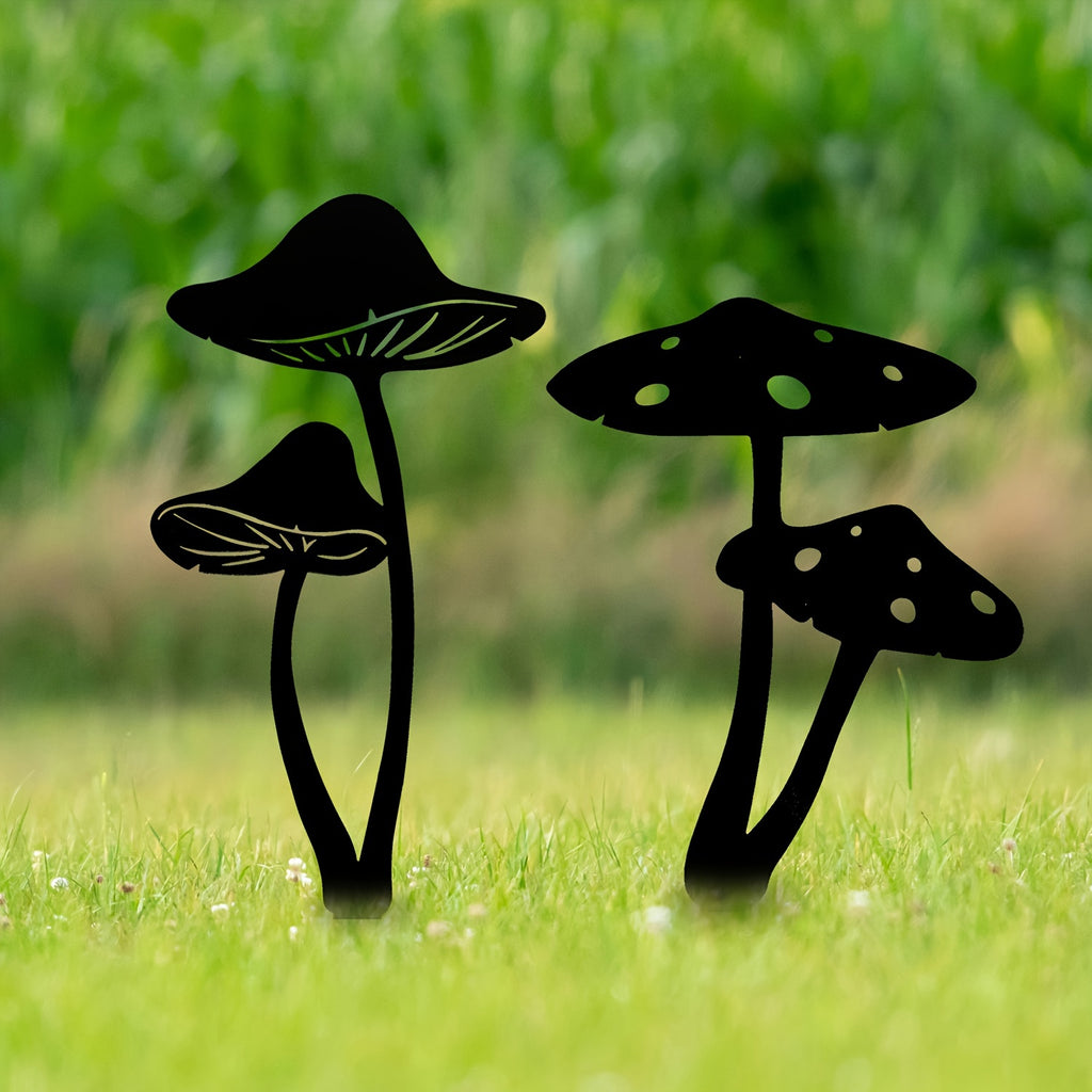 2pcs Metal Mushroom Garden Stakes, Metal Mushroom Silhouette Statue Decorations, Outdoor Decorative Garden Statue Stake, Garden Decor, Yard Decor, Lawn Decor