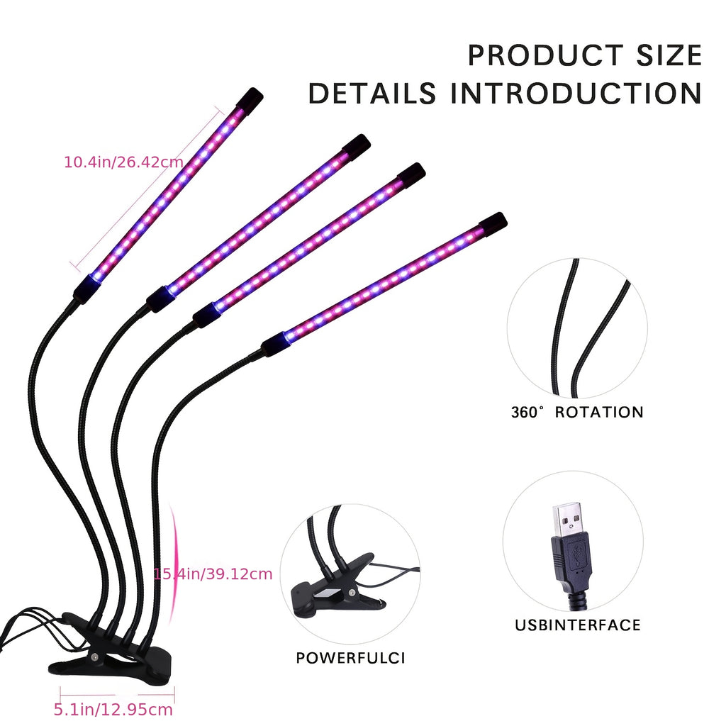 Clip on Grow Lights for Indoor Plants Full Spectrum 2/4 Head LED Plant Light with Red Blue Light 9 Level Dimmable 3/9/12H Timer Adjustable Gooseneck for Succulents Herbs Vegetables Seed Starting Home Gardening
