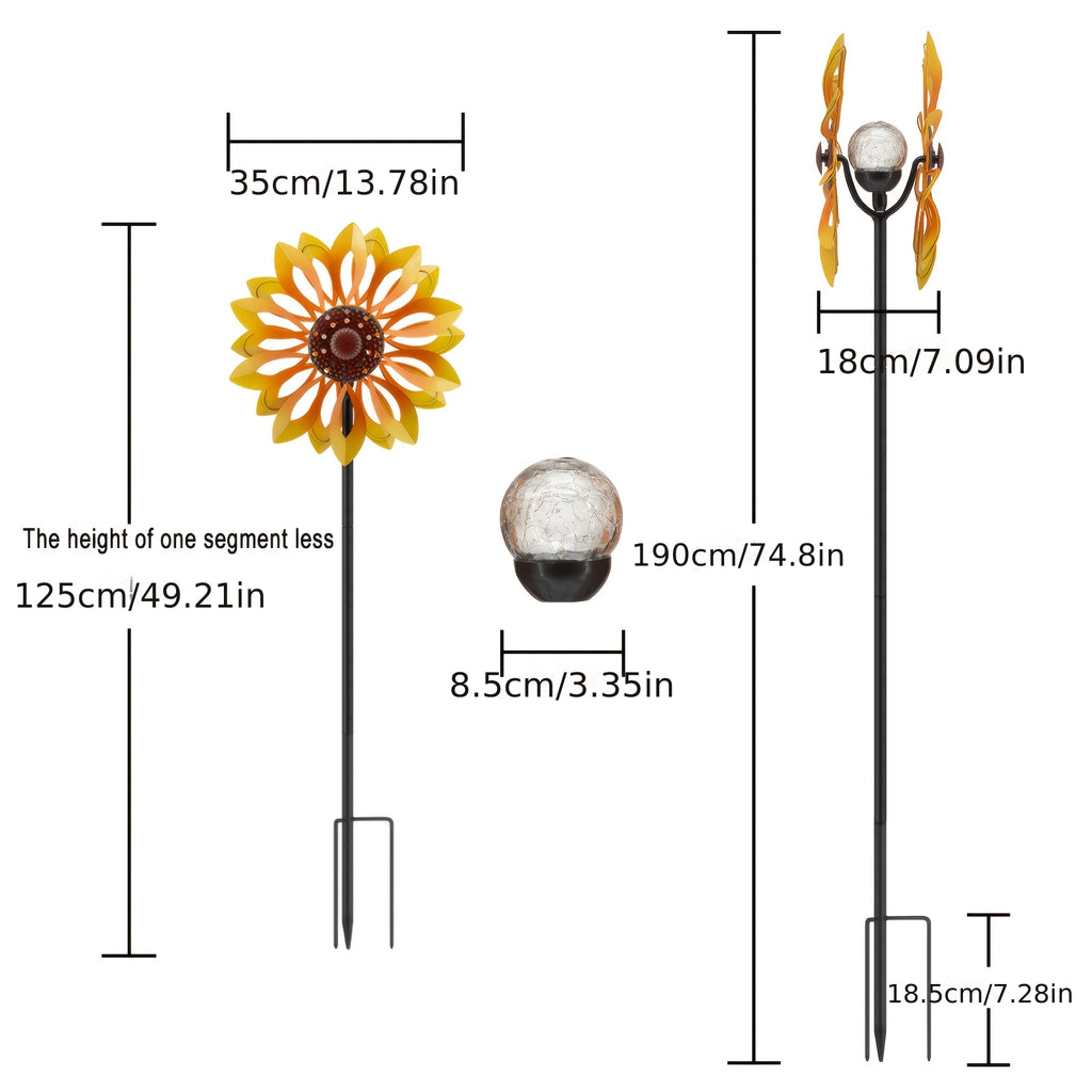 Outdoor Patio Landscape Decor, Solar Powered Metal Sunflower Wind Spinner with Night Glow Light, Collects Sun Energy During The Day And Shines After Dark, Weatherproof Kinetic Rotation Design for Garden Yard Lawn Decorative Ornament