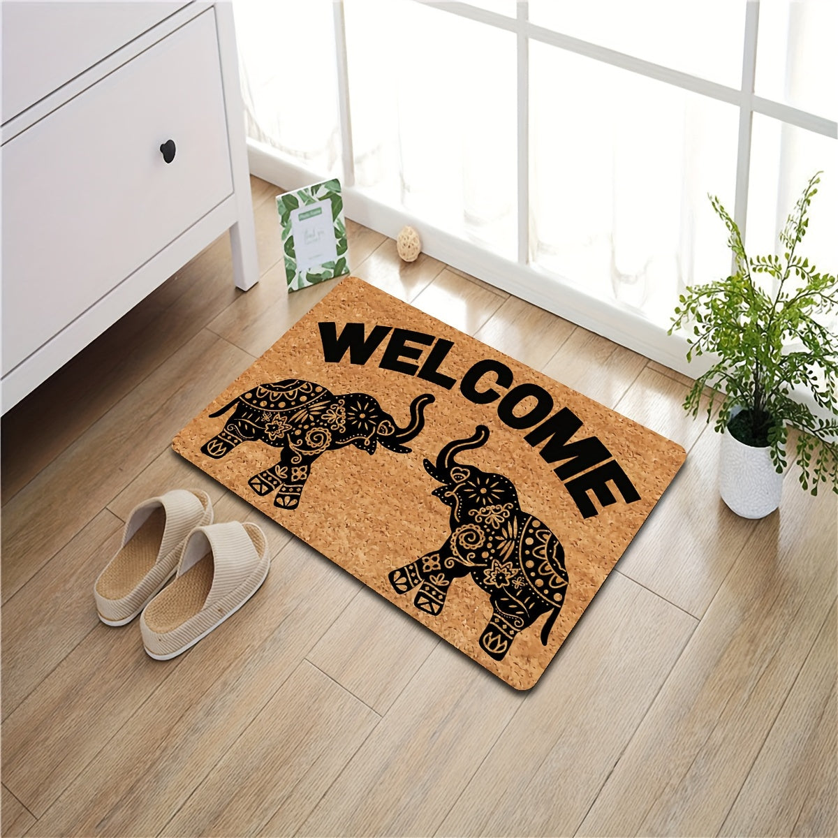 Bohemian Style Elephant Welcome Doormat | Personalized Monogram Kitchen Rug With Anti-Slip Rubber Back, Novelty Gift Mat, 23.7 X 15.9 Inches