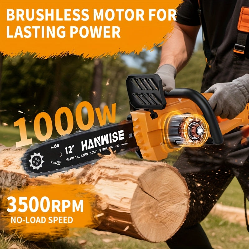 [Handheld Chainsaw] HANWISE 12-inch Handheld Cordless Electric Chainsaw, 3500 RPM, with Battery, Splash Guard, Safety Lock, and Deluxe Accessories. Suitable for Garden, Yard, and Camping Use for Trimming Branches. An Essential Gardening Tool, a Must-have