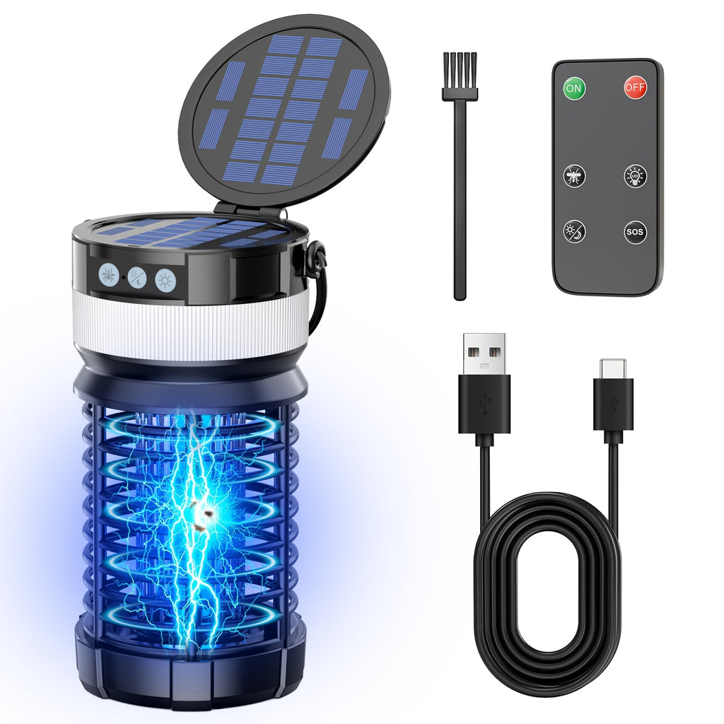 Solar Bug Zapper with Remote Control, Dual Solar Panels & 4000mAh Battery, Auto UV Sensor, IP65 Portable Electric Insect Trap for Home, Yard, Camping & Outdoor, 9.06 × 4.17 × 4.17 Inch