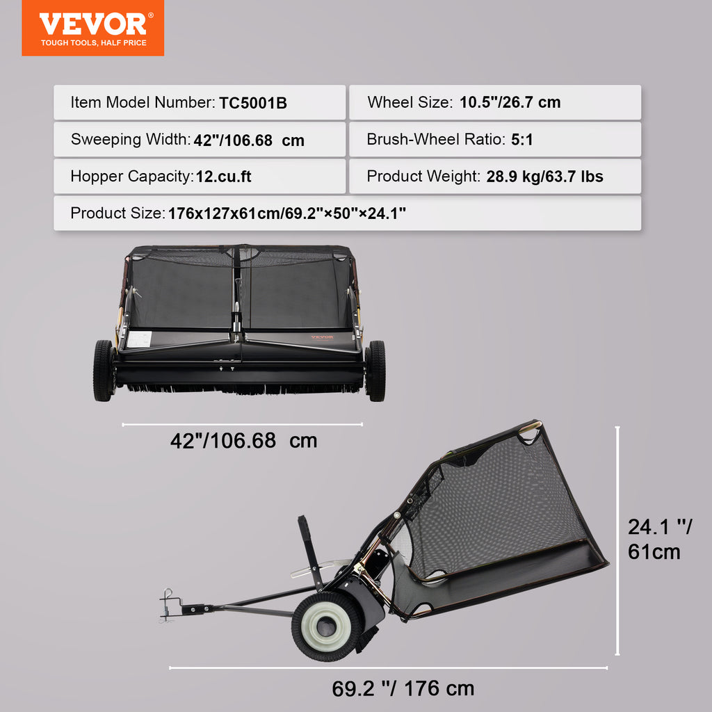 VEVOR Push Lawn Sweeper, 21-inch Leaf & Grass Collector, Strong Rubber Wheels & Heavy Duty Thickened Steel Durable to Use with Large Capacity 3.5 cu. ft. Mesh Collection Bag, 2 Spinning Brushes