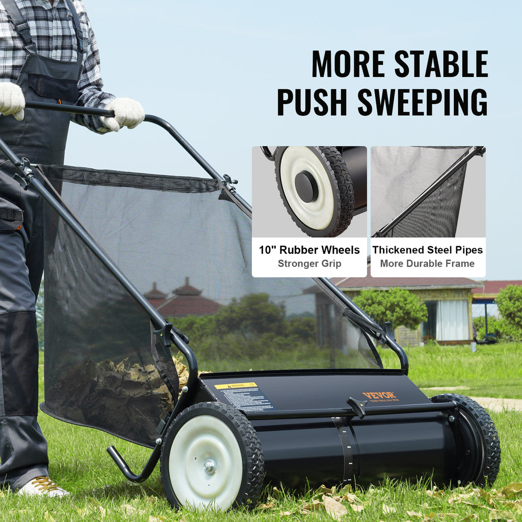 VEVOR Push Lawn Sweeper, 21-inch Leaf & Grass Collector, Strong Rubber Wheels & Heavy Duty Thickened Steel Durable to Use with Large Capacity 3.5 cu. ft. Mesh Collection Bag, 2 Spinning Brushes
