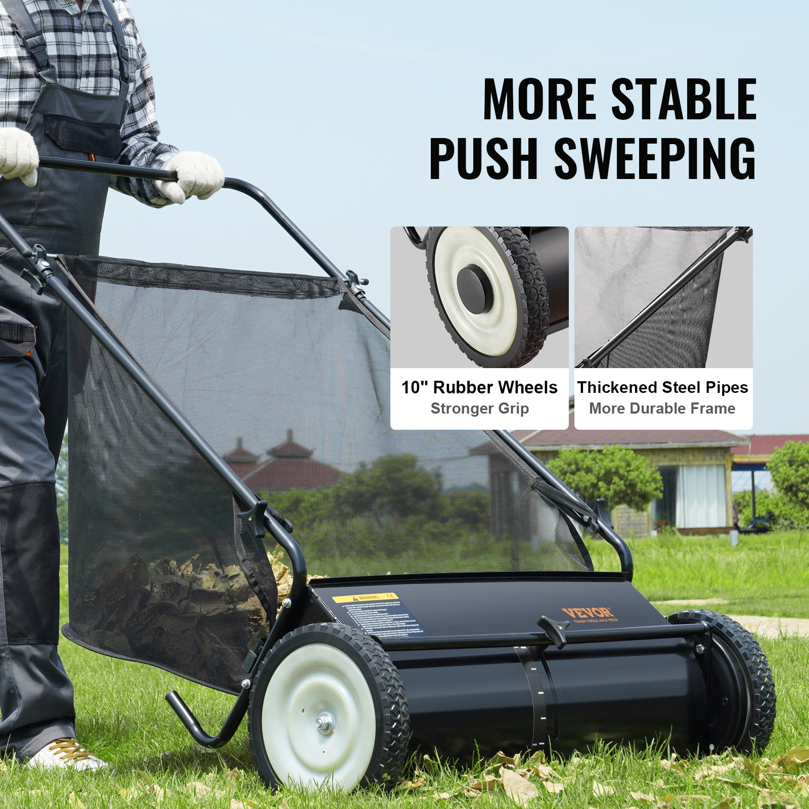 VEVOR Push Lawn Sweeper, 21-inch Leaf & Grass Collector, Strong Rubber Wheels & Heavy Duty Thickened Steel Durable to Use with Large Capacity 3.5 cu. ft. Mesh Collection Bag, 2 Spinning Brushes
