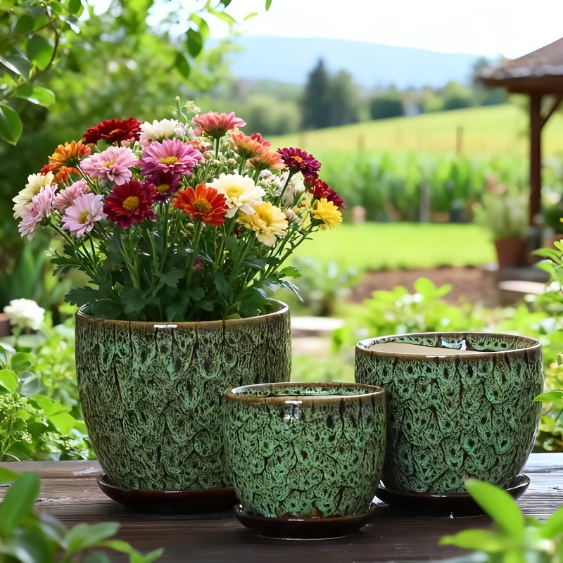 3pcs Bohemian Iridescent High-Temp Ceramic Planters - Small/Medium/ Oval Pots Suitable for Succulents, /Outdoor Pottery with Polished, Modern & Traditional Plant Vases