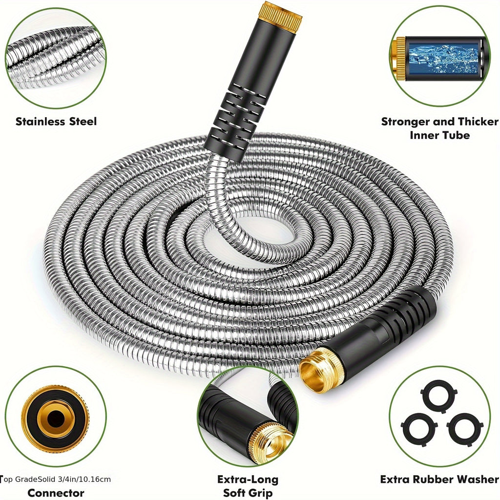 Flexible Metal Garden Hose Featuring a 10-Function Nozzle, Designed to Be Kink-Free, Lightweight, Durable, And Resistant to Crushing, with Easy Coiling And Puncture-Proof Capabilities, Ideal for Yards And Rvs