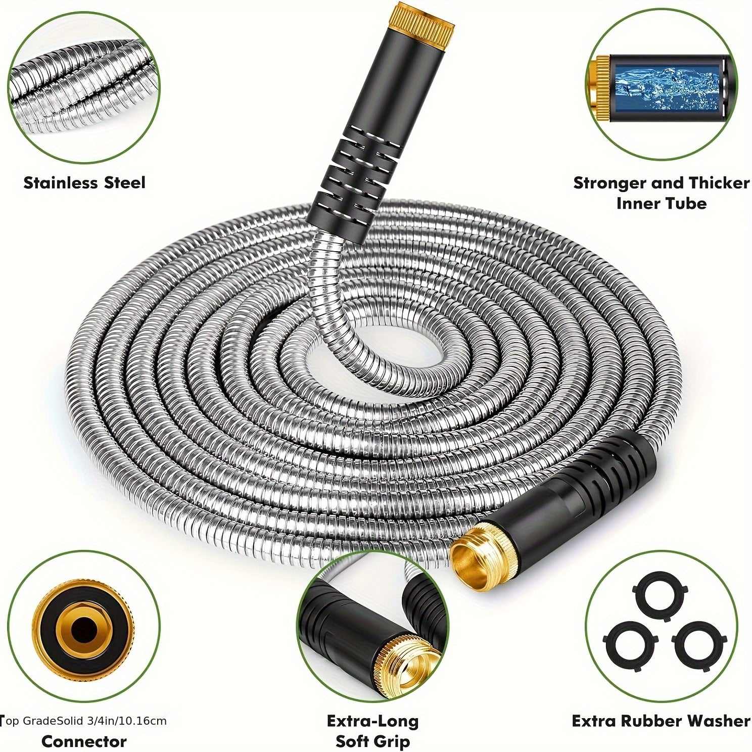 Flexible Metal Garden Hose Featuring a 10-Function Nozzle, Designed to Be Kink-Free, Lightweight, Durable, And Resistant to Crushing, with Easy Coiling And Puncture-Proof Capabilities, Ideal for Yards And Rvs