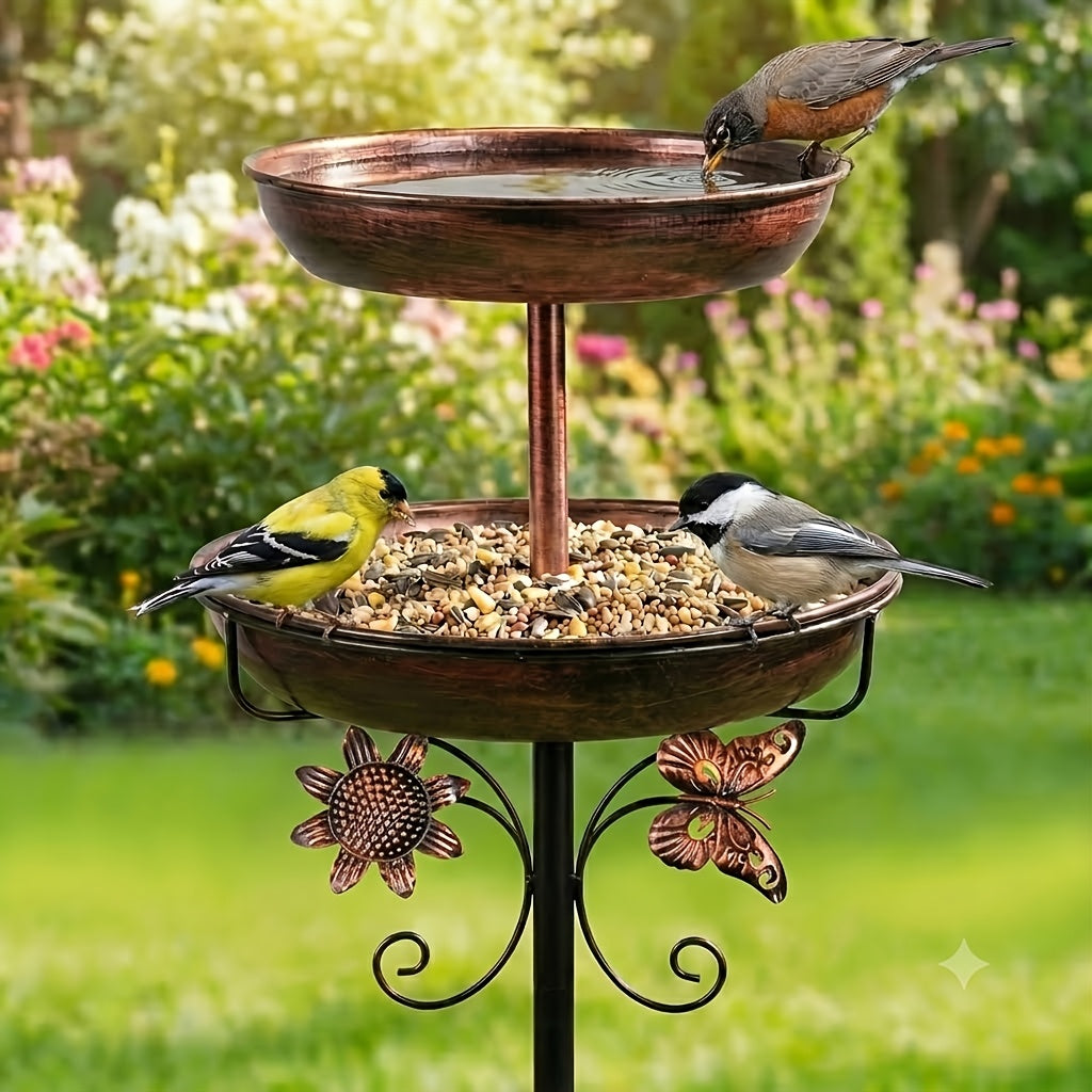 46 Inch Heavy-duty Metal Double-layer Bird Bath Tub -7.9 Feet Plus 12 Inches Double-layer Large Capacity Water Collection Feeding Basin, 5-claw Stable Base, Durable, Courtyard Decoration, Easy To Install And Clean, Multifunctional Bird Feeder