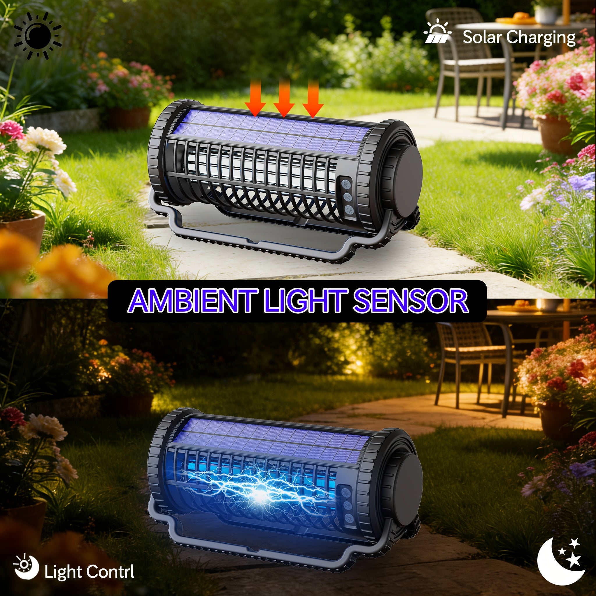 Solar Bug Zapper & Mosquito Killer Lamp - UV, Auto-Sensor, Dual Charging (Solar + USB) With 4000mAh Battery, Lighting Mode, For Indoor/Outdoor, Camping, Patio, Effectively Traps & Kills Mosquitoes, Flies, Gnats, Fruit Flies Mosquito Trap.