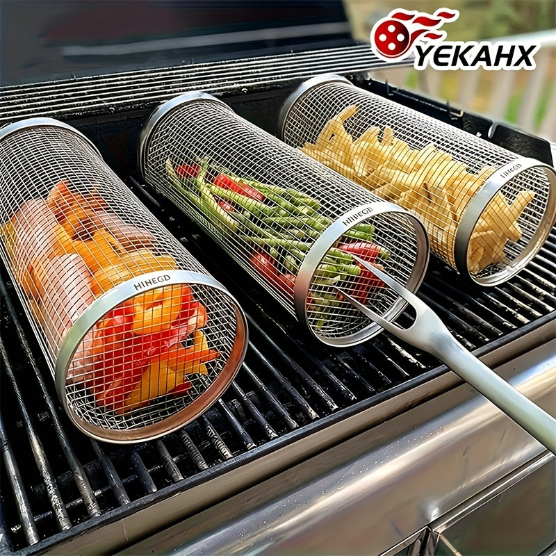 2pcs Stainless Steel Portable Barbecue Cooking Grill Barbecue Cage, Outdoor Barbecue Basket, Comes with Hook, Fork, Outdoor Camping Barbecue Grill, Outdoor Circular Barbecue Bonfire Barbecue Grill, Camping Picnic, Boys Giftories