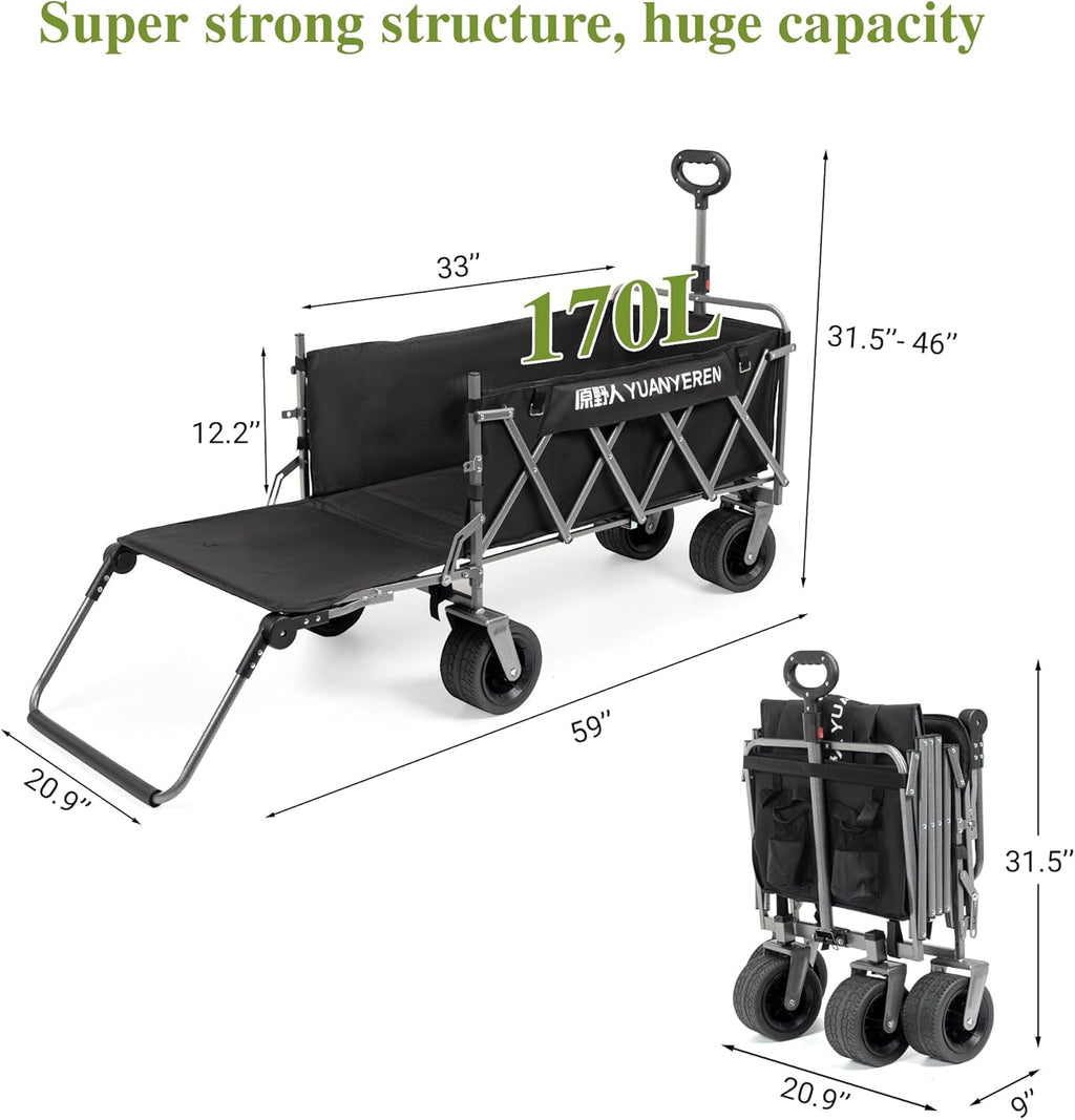 Large Capacity Collapsible Wagon with Opened Tailgate, 500lbs Pulled and Pushed Heavy Duty Folding Wagon Carts, 59" Extra Long Extender Wagons, All-Terrain Big Wheels for Shopping, Sports, Camping