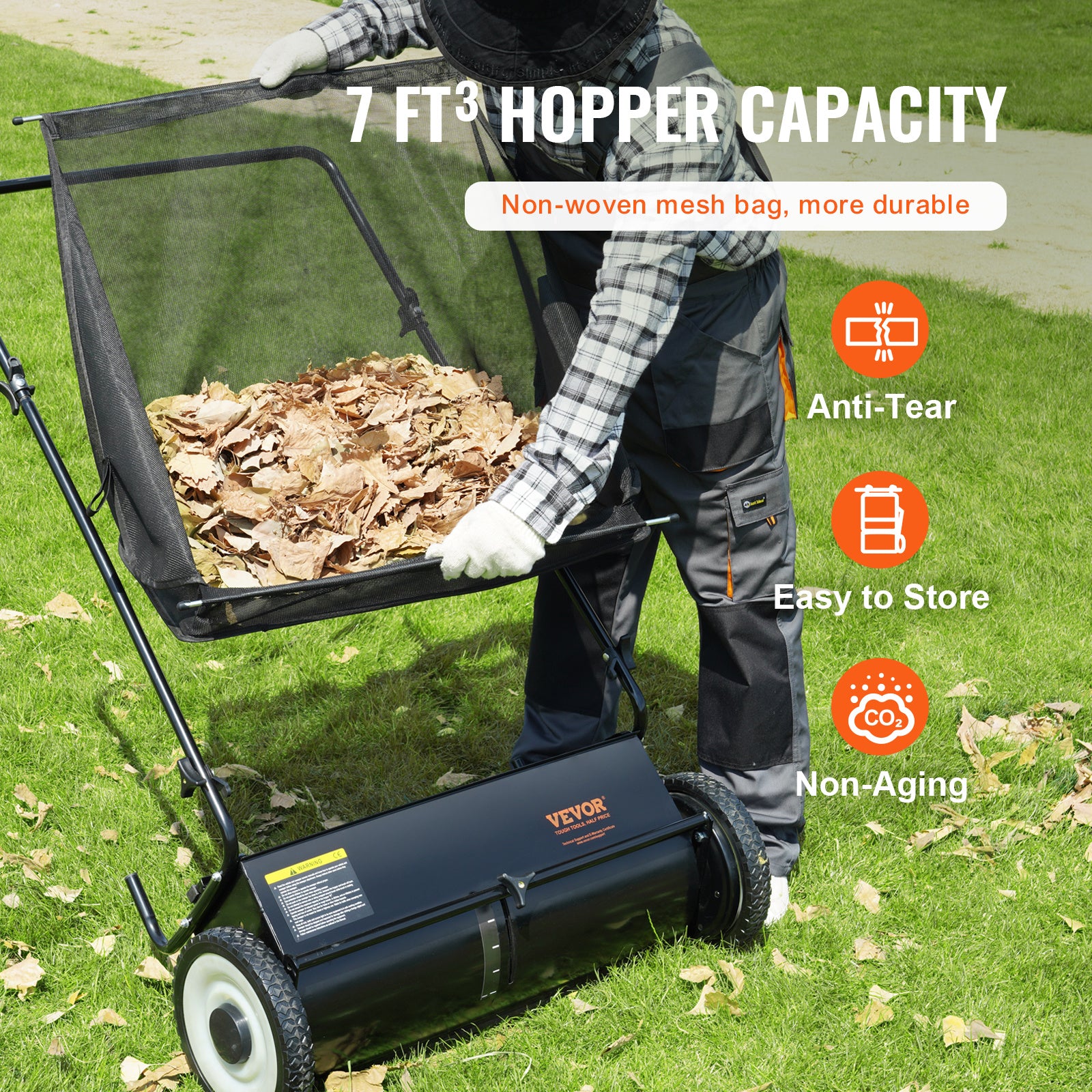 VEVOR Push Lawn Sweeper, 21-inch Leaf & Grass Collector, Strong Rubber Wheels & Heavy Duty Thickened Steel Durable to Use with Large Capacity 3.5 cu. ft. Mesh Collection Bag, 2 Spinning Brushes