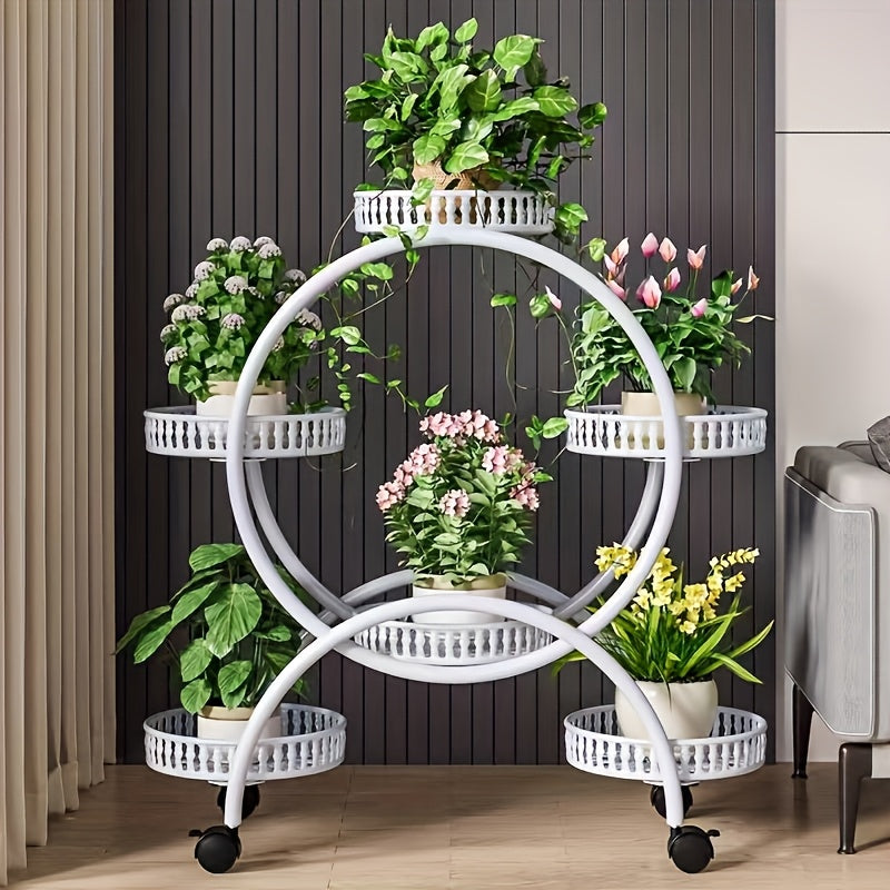 Six-Tiered Black Metal Plant Stand Garden Cart with Wheels for Displaying Flower Pots, Ideal for Home, Patio, Porch, And Balcony Decoration
