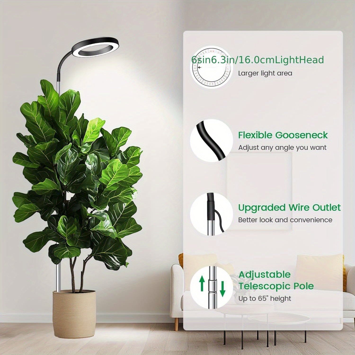 Grow Light, Full Spectrum Plant Lights for Indoor Growing with Gooseneck, 3 Colors Modes and 10 Dimmable Levels, 3/6/12H Timer, 65'' Height Grow Lamp for Large Plants