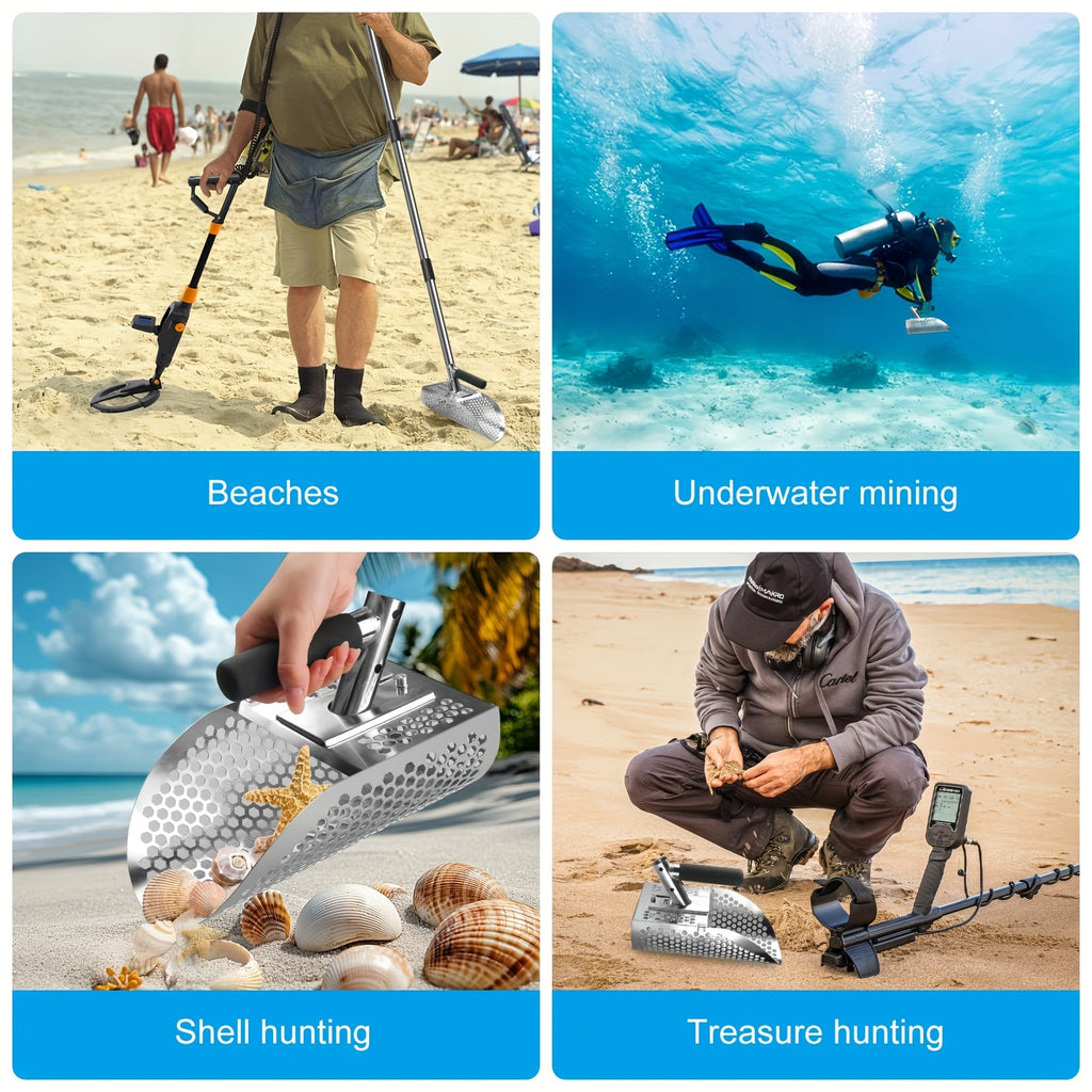 Sand Scoop for Metal Detecting Adjustable Long Handle Sand Shovel Metal Detector Scoop Sand Scoop Sand Sifter Shovel for Adults Stainless Steel Detachable Shovel Length 31"-44" for Beach Underwater Treasure Hunting