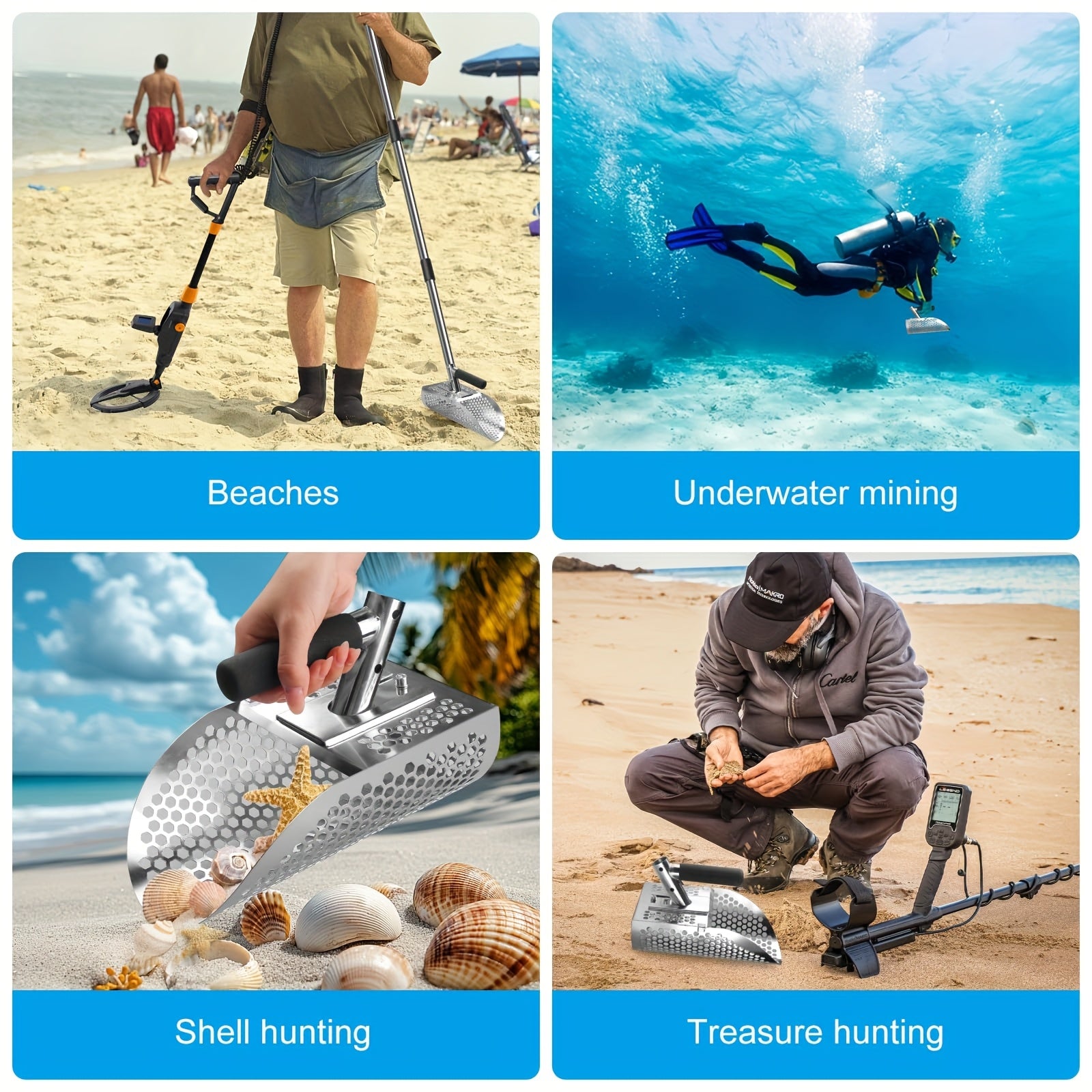 Sand Scoop for Metal Detecting Adjustable Long Handle Sand Shovel Metal Detector Scoop Sand Scoop Sand Sifter Shovel for Adults Stainless Steel Detachable Shovel Length 31"-44" for Beach Underwater Treasure Hunting