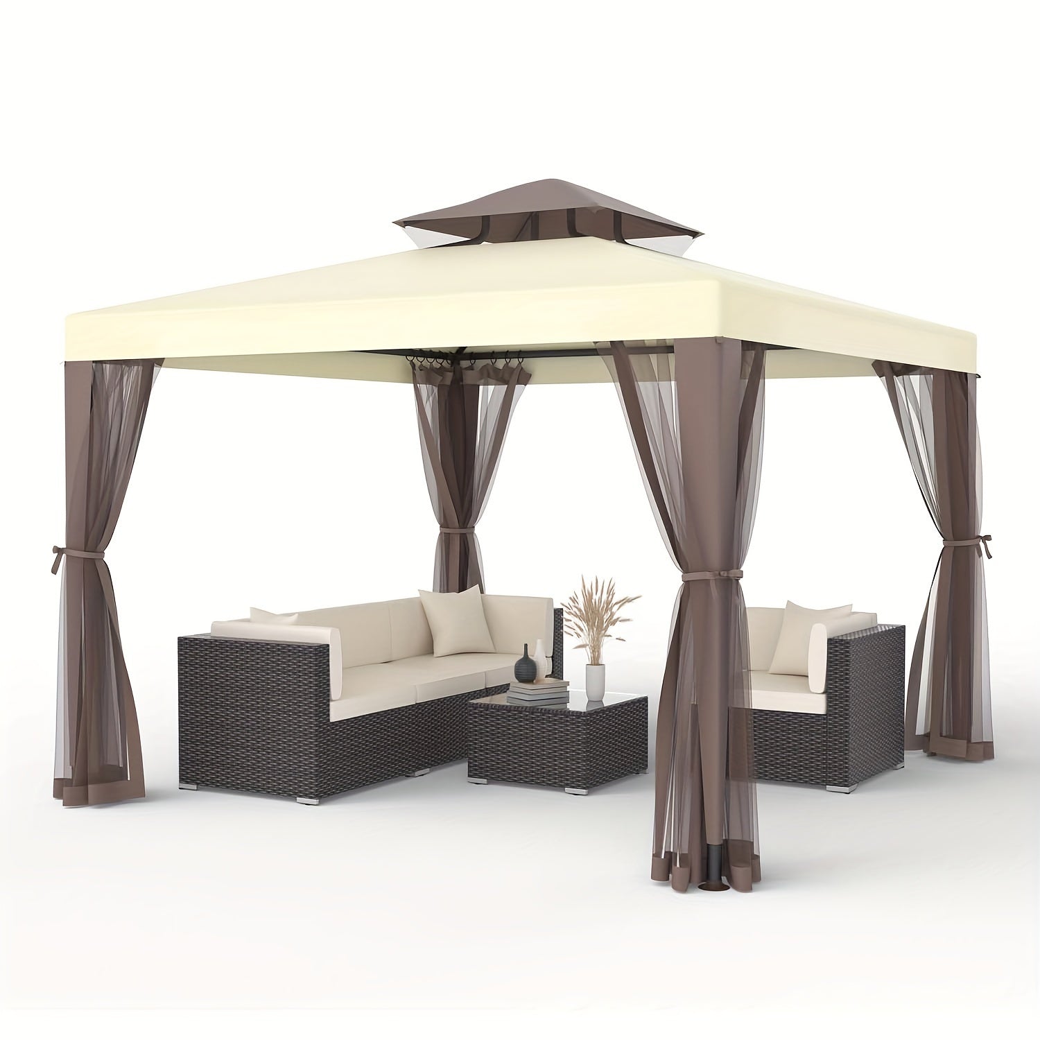 Outdoor Gazebo, 10x10 Patio Gazebo Waterproof Canopy Tent UV-Resistant 2-Tier Top Sturdy Canopy Tent for Camping with Mosquito Netting for Garden Patio Backyard