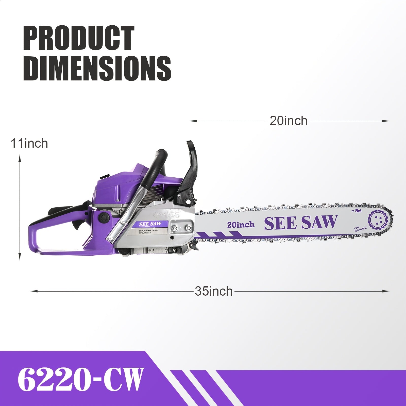 62CC Gas Chainsaw, 20 Inch Guide Bar, Compatible With 18-22 Inch Bar, Powerful 2-Stroke Engine, Anti-Vibration Handle, Complete Accessories, Efficient Wood Cutting, Low Noise Safe Operation For Logging, Ranch & Professional Farm Work, Ideal Gift