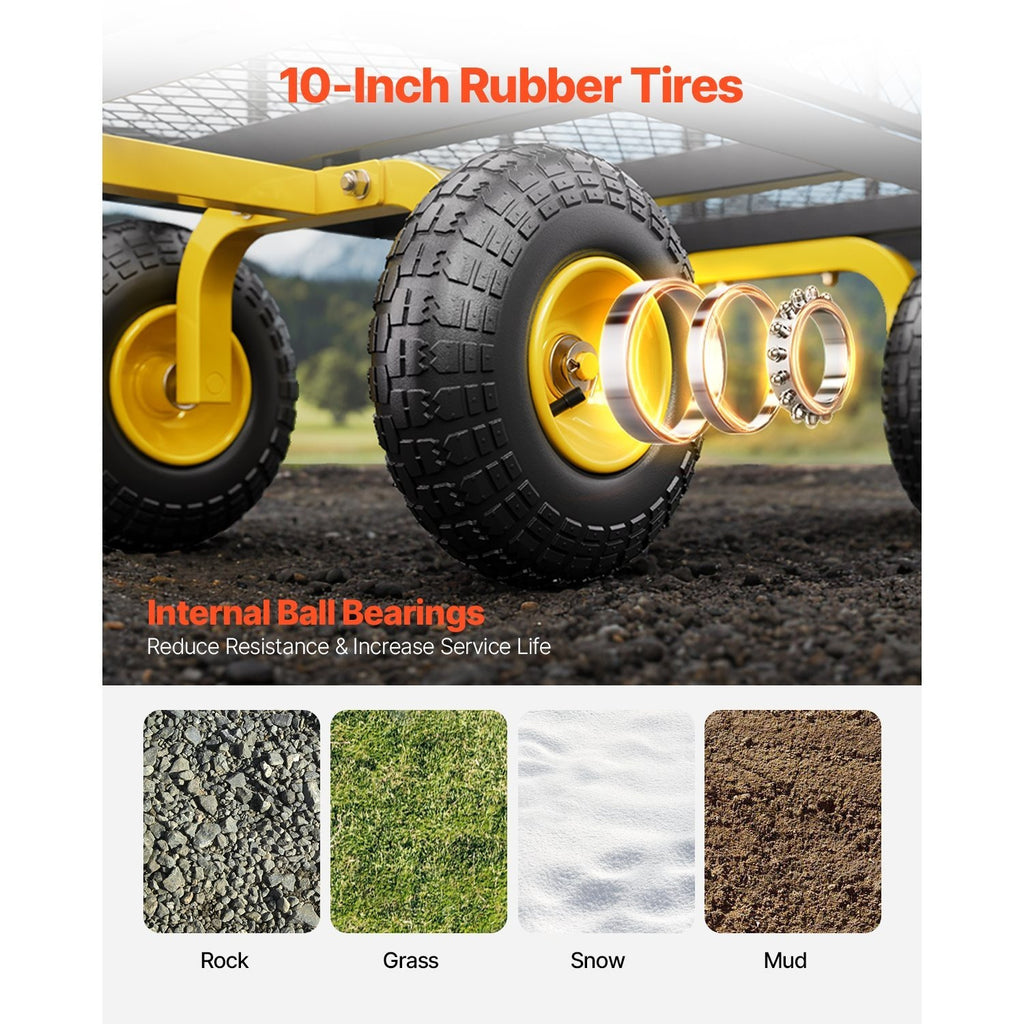 Vevor 500/1200/1400 Lbs Steel Garden Cart, Heavy Duty Pullable Cart with Wheels for Garden, Metal Yard Utility Wagon with 10" All Terrain Tires, Removable Mesh Sides and 180° Rotating Handle