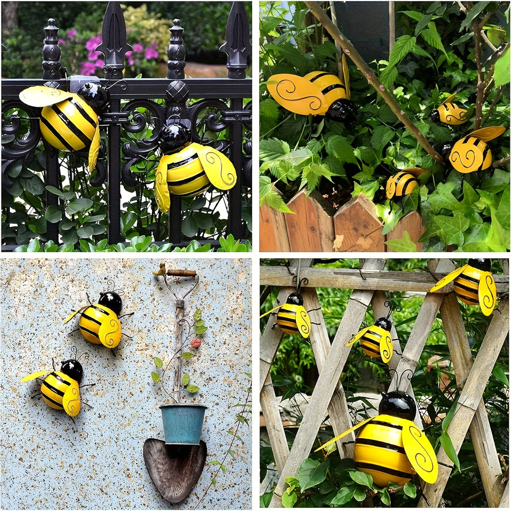 [Bumblebee Wall Decor] 4pcs Set Metal Bumblebee Wall Decor, 3D Wrought Iron Bee Art Sculpture Wall Hanging, Suitable for Outdoor Home Garden, Spring, Summer