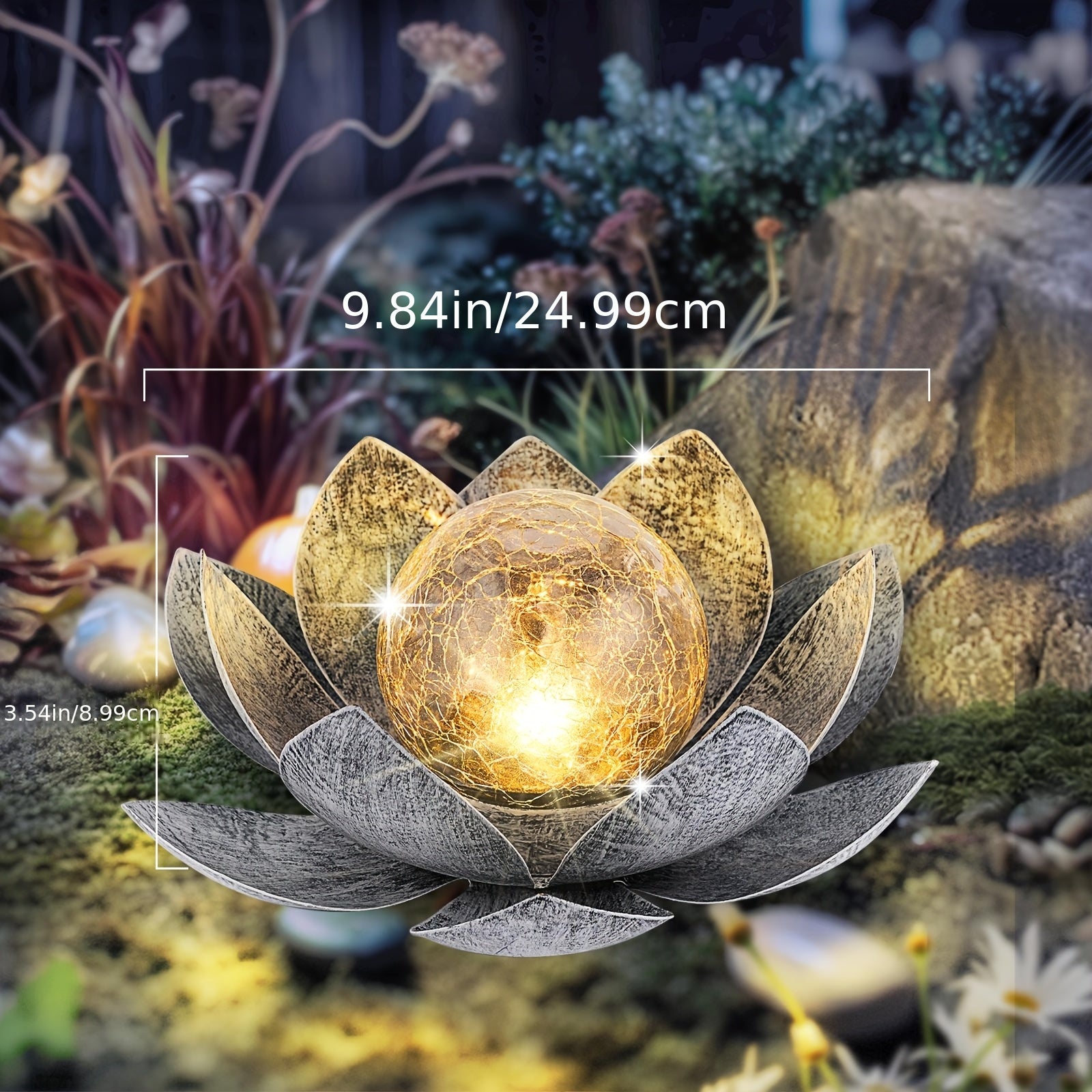 Outdoor Solar for Lotus Light, Black And White Solar Lights Garden Decoration, LED Beads with Cracked Glass Globes, Patio, Lawn, Steps Lights, Christmas Gift
