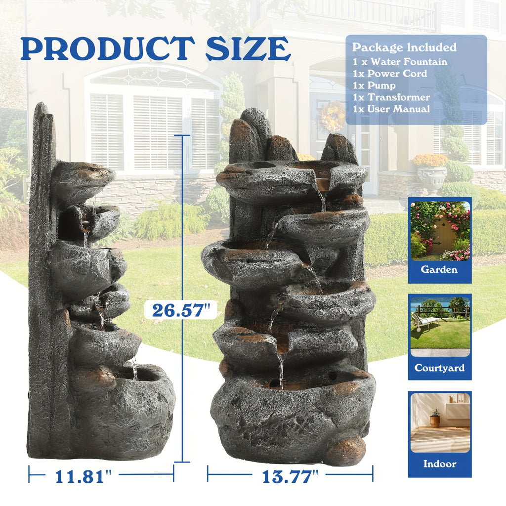 6-Tier Cascading Rockery IPX5 Outdoor Fountain, Garden Floor-Standing Stone Waterfall Fountains with Pump Rocky Peak Decor, Soothing Tranquility Water Fountain for Home Garden Yard, 26" H
