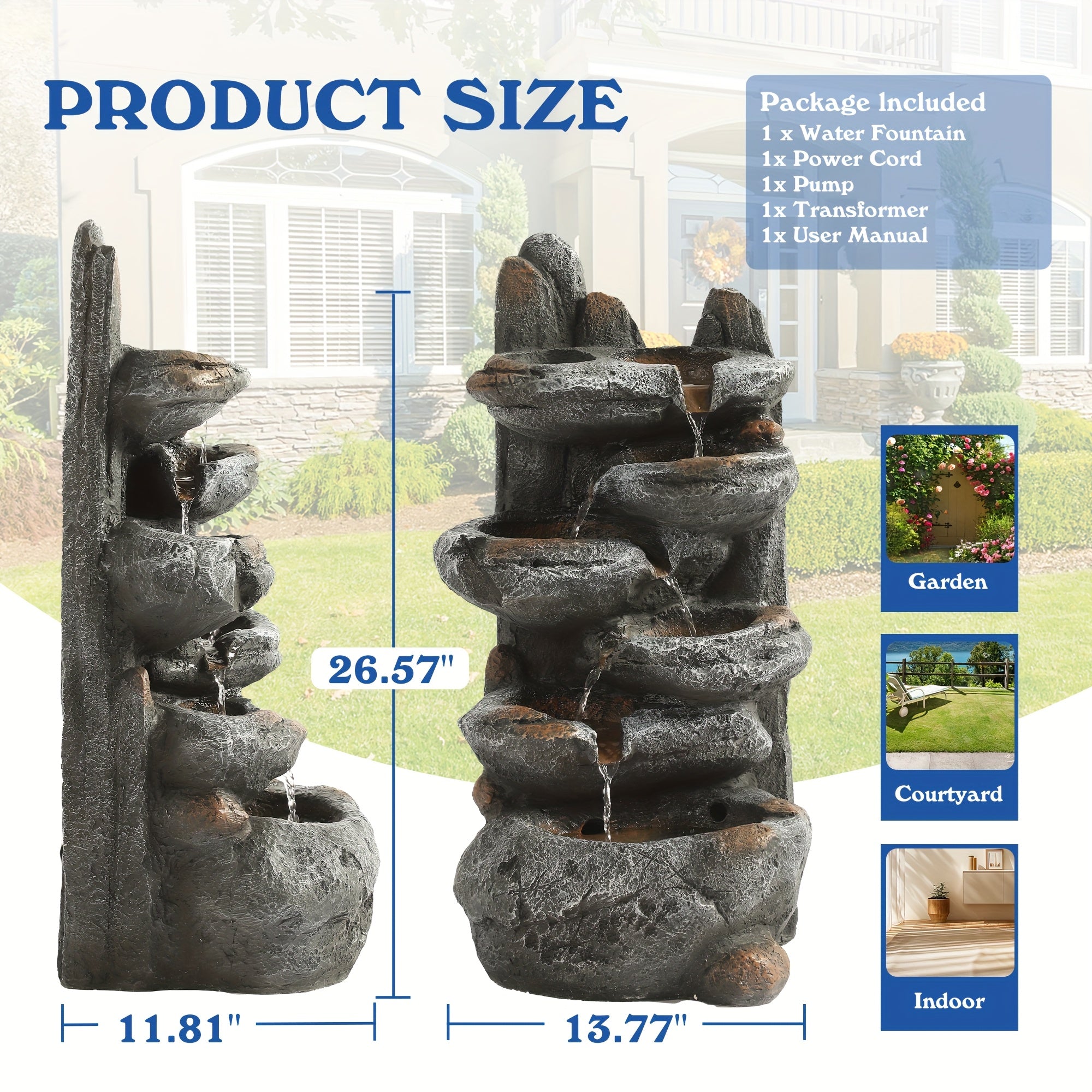 6-Tier Cascading Rockery IPX5 Outdoor Fountain, Garden Floor-Standing Stone Waterfall Fountains with Pump Rocky Peak Decor, Soothing Tranquility Water Fountain for Home Garden Yard, 26" H