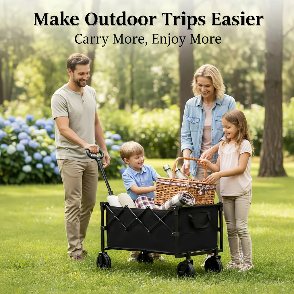 Heavy-Duty Collapsible Handcart with a Stainless Steel Frame And 600D Oxford Fabric, Equipped with All-Terrain Wheels, Ideal for Camping, Gardening, Beach Outings, Shopping, And Transporting Goods. It Features Compact Storage And a Robust Design