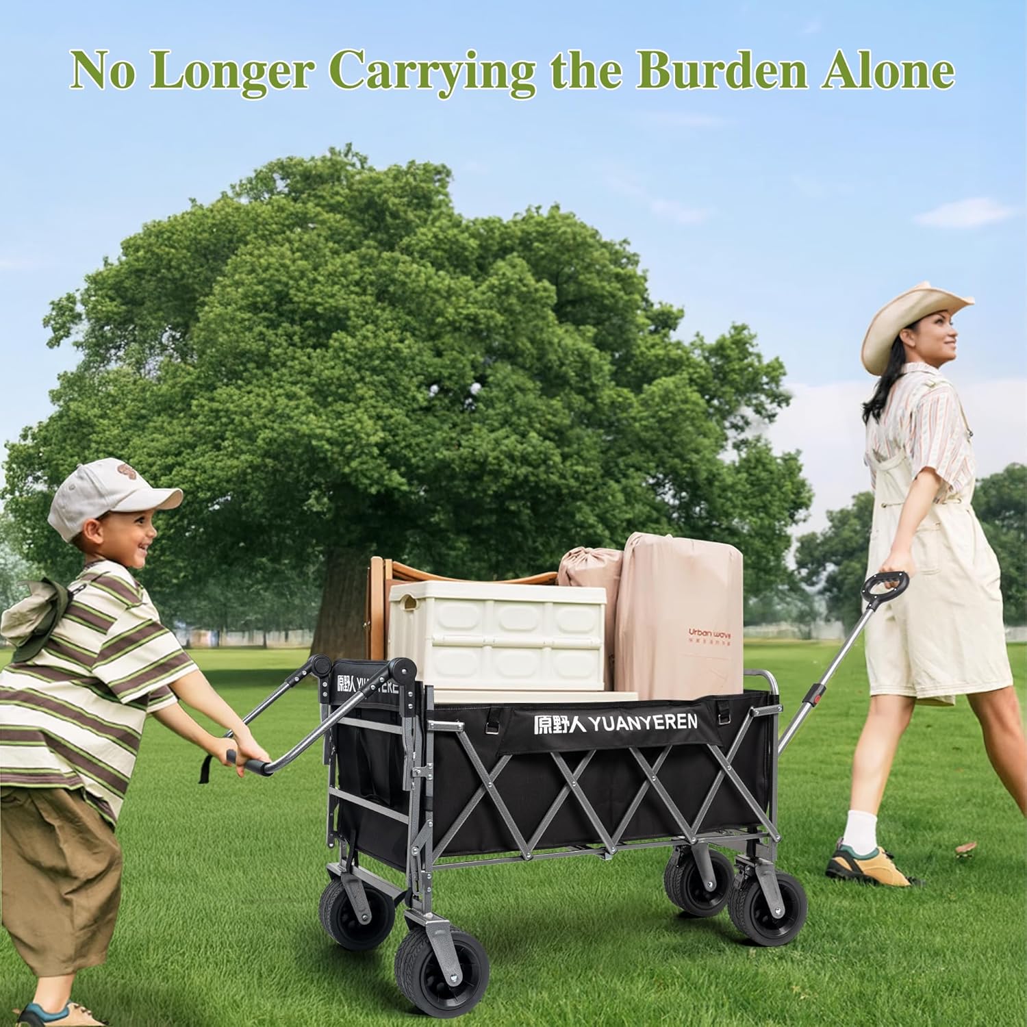 Large Capacity Collapsible Wagon with Opened Tailgate, 500lbs Pulled and Pushed Heavy Duty Folding Wagon Carts, 59" Extra Long Extender Wagons, All-Terrain Big Wheels for Shopping, Sports, Camping