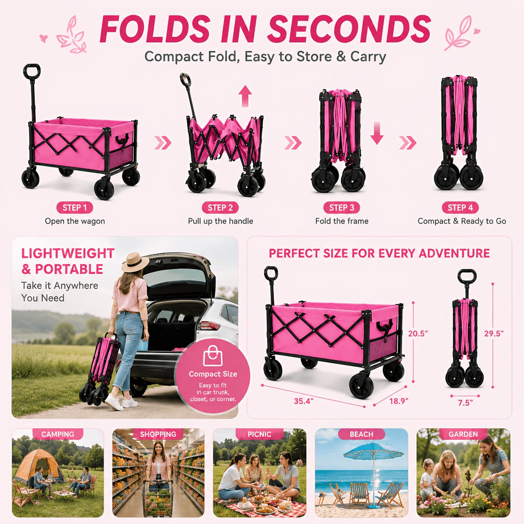 Pink Foldable Wagon Cart, Heavy Duty Collapsible Utility Wagon with Adjustable Handle & All-Terrain Wheels, Perfect for Camping, Picnic, Beach Days, Shopping And Outdoor Activities