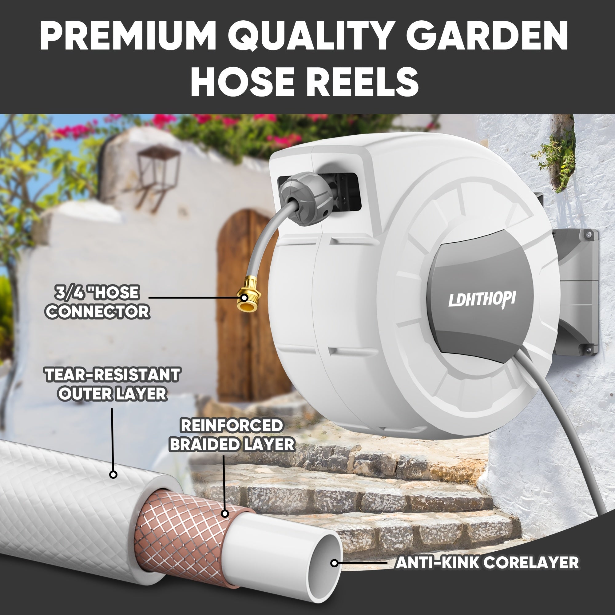 40/100/110/130FT X 1/2" Retractable Garden Hose Reel, Decorative Outdoor Garden Hose Reels - Automatic Self-Retracting Wall-Mount Hose Reel with Enclosed Storage, Any Length Lock, 10 Patterns Nozzle
