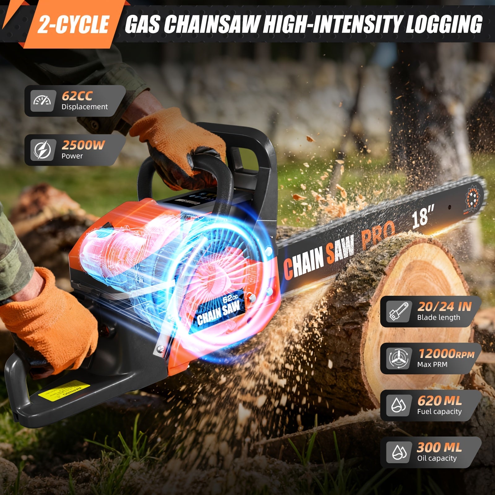62CC Professional Chainsaw with 20, 22, 18, and 24 Inch Options, Featuring a 2-Stroke Engine, Ergonomic Non-Slip Handle, and Dual Fuel Tanks, Ideal for Cutting Wood, Trimming Trees, and Clearing Land