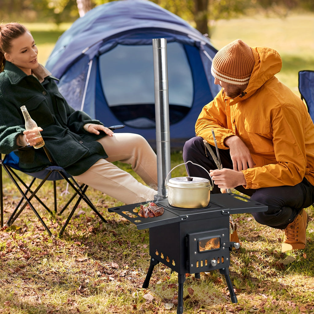 Camping Wood Stove, Outdoor Portable Tent Wood Burning Stove with Stainless Chimney Pipes, Tent Stove Jack & Gloves for Outdoor Camping Cooking And Heating (Black)