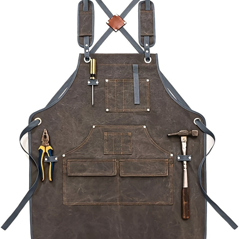 Durable Cotton Canvas Apron with Multiple Pockets for Woodworking, Electrician, and Gardening - Adjustable Brown Faux Leather Straps & Metal Buckles for Secure Fit