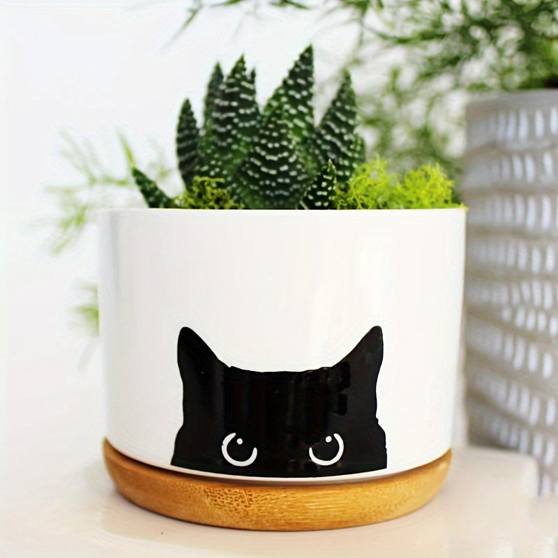 1pc, Black Cat Ceramic Flowerpot, Cute Succulent Plant Pot with Drainage, Cactus Flower Porcelain Container for Home and Office Decoration, Suitable for Plant Enthusiasts, Teachers, Friends, Colleagues, Flowerpot Gifts