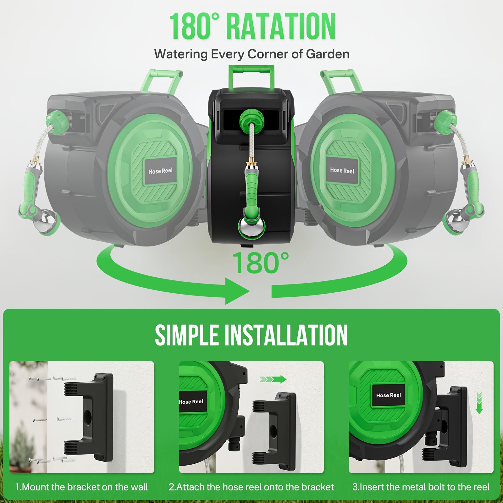 100ft/150ft Retractable Garden Hose Reel, Heavy-Duty Wall Mounted Water Hose with Any-Length Locking System, 10 Spray Modes Adjustable Nozzle, 180° Swivel Bracket, Auto Rewind for Gardening, Car Wash & Patio Cleaning.