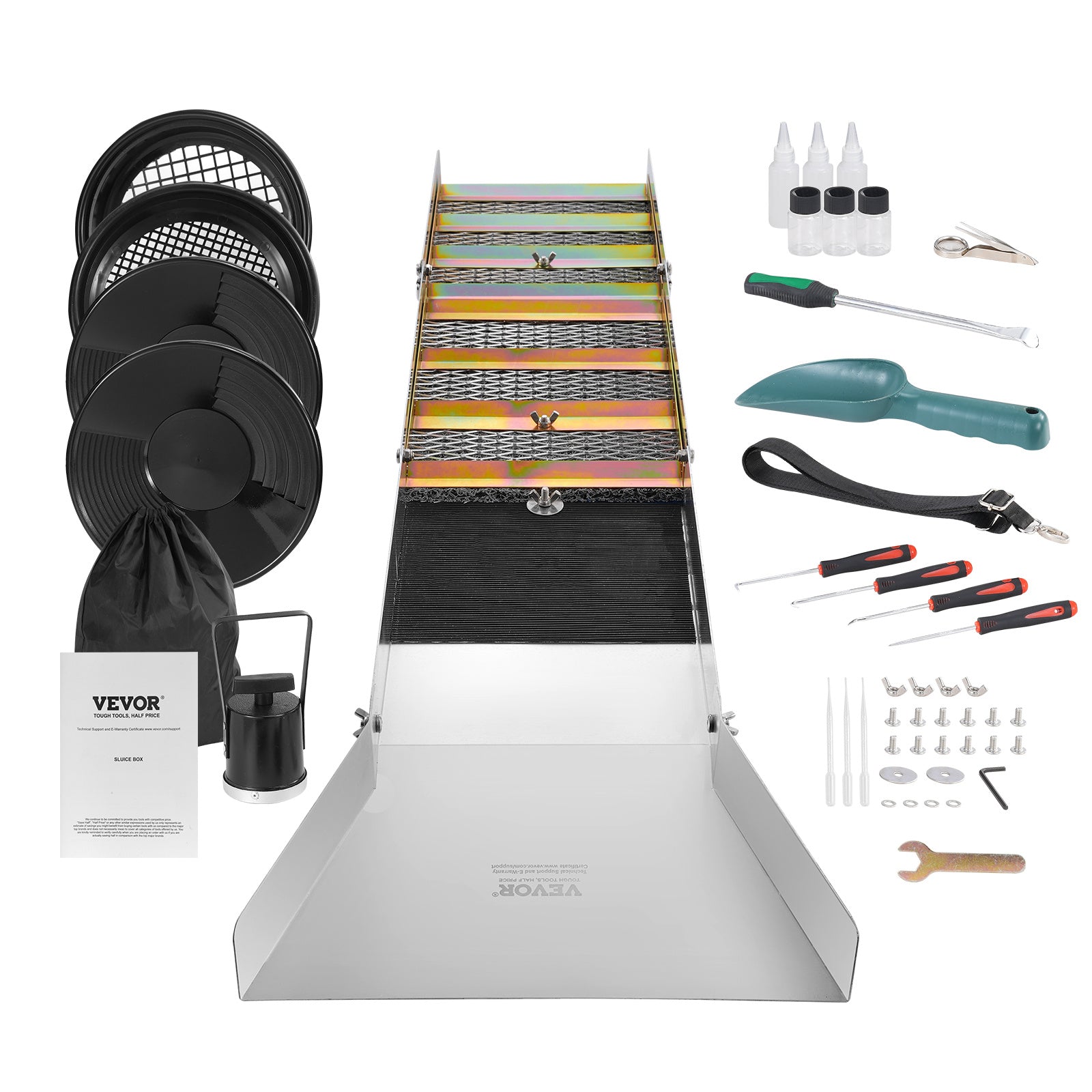 VEVOR Folding Sluice Box Gold Panning Kit, 50 Inch 23pc Gold Prospecting Equipment Kit with Gold Pan, Classifier Screen, Separating Magnet, Backpack and More