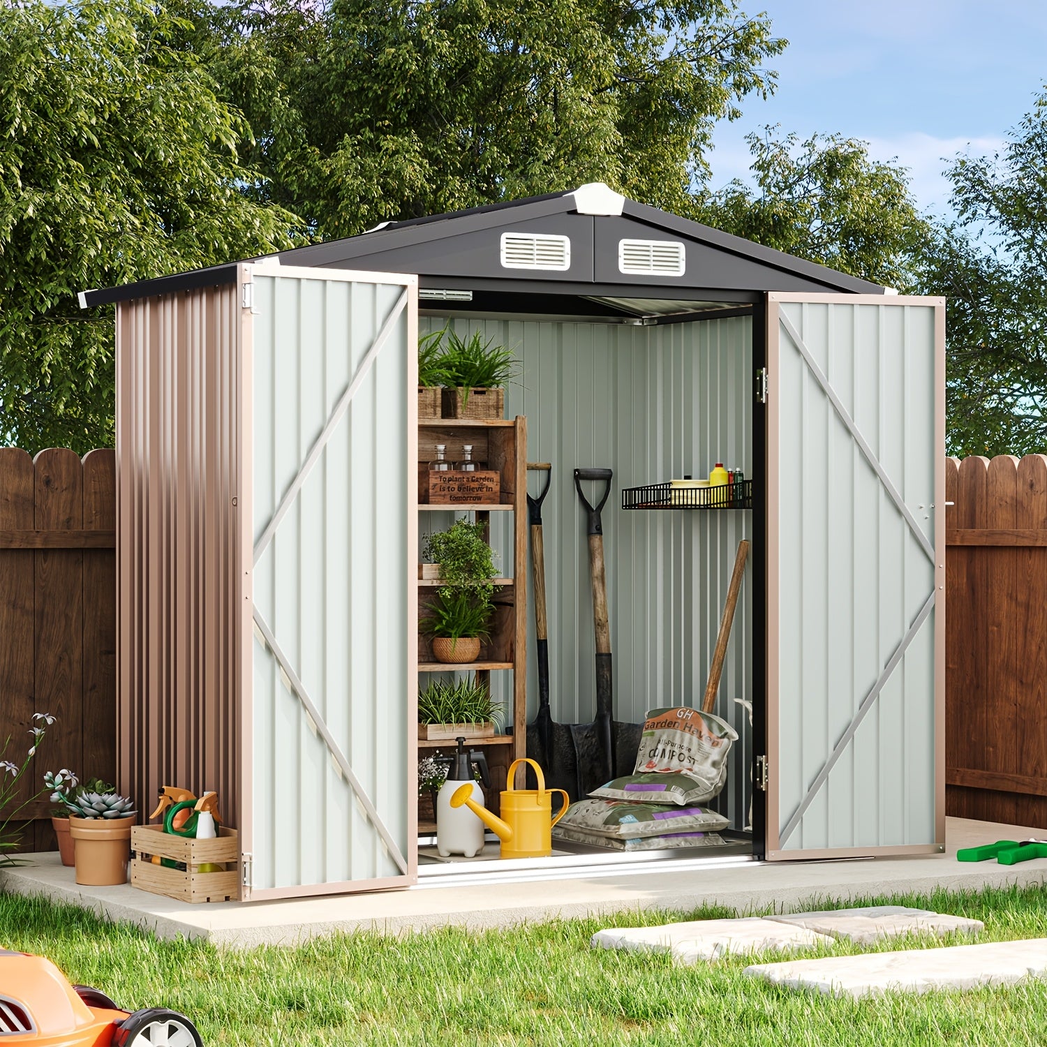6X4 FT Outdoor Storage Shed, Metal Garden Shed with Lockable Doors, Sloping Roof, Ideal for Backyard, Patio, Poolside - Plastic, Tool, And Small Shed for Outdoor Storage