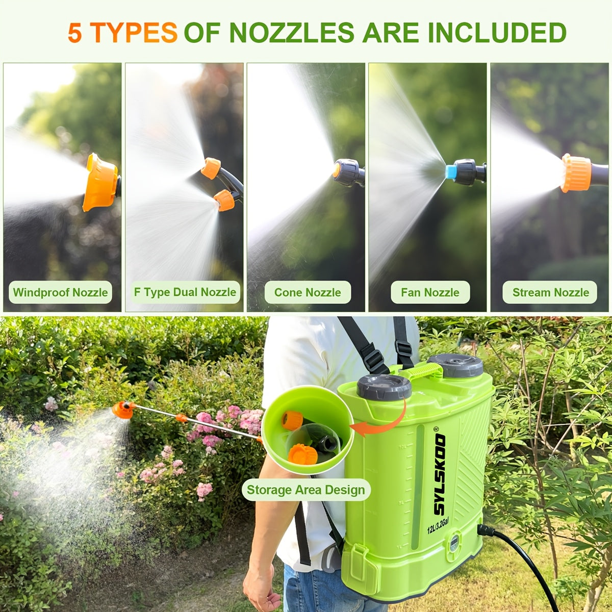 3.2 Gallon Backpack Sprayer Battery Powered, 0-80 PSI Adjustable Pressure Sprayer Compatible with 18V Battery, Electric Sprayer with Steel Telescopic Spray Wand, 5 Nozzles, 2.0Ah Battery&Charger Included