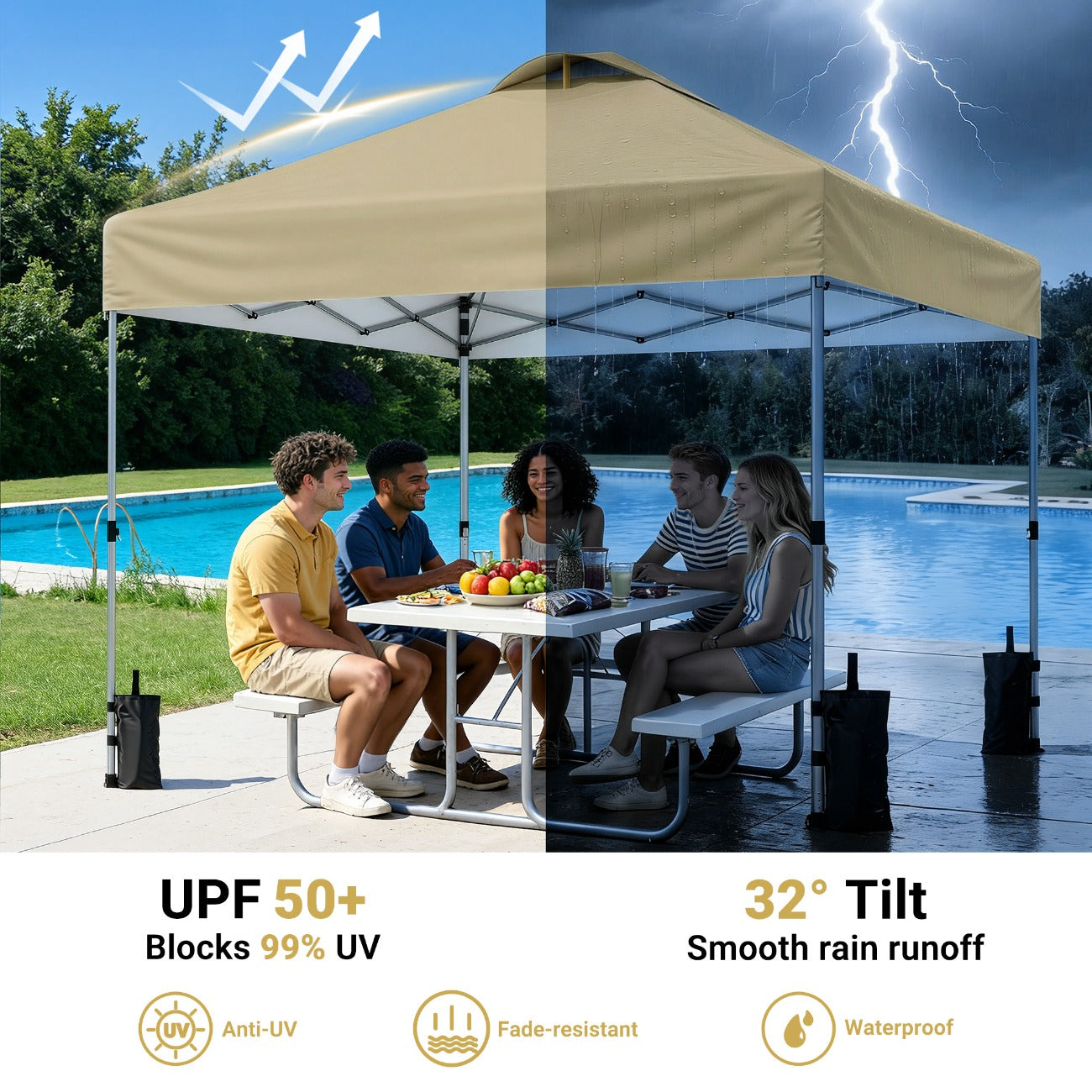 A 10X10Ft Gazebo That Is a Portable Outdoor Shelter Featuring One-Step Assembly, Adjustable Height, And Comes with a Storage Bag, Eight Ground Pegs, And Four Sandbags. It Has an Easy-To-Install Canopy, Making It Ideal for Beach Trips, Camping