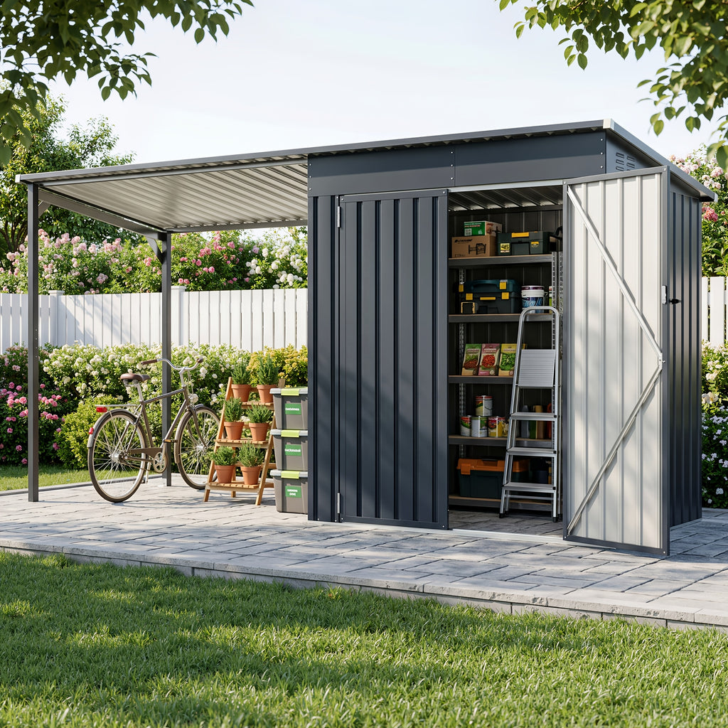 5x3-12x14ft Outdoor Storage Shed, Metal Garden Shed with Updated Frame Structure, Tool Sheds for Backyard Garden Patio Lawn, Black Or White