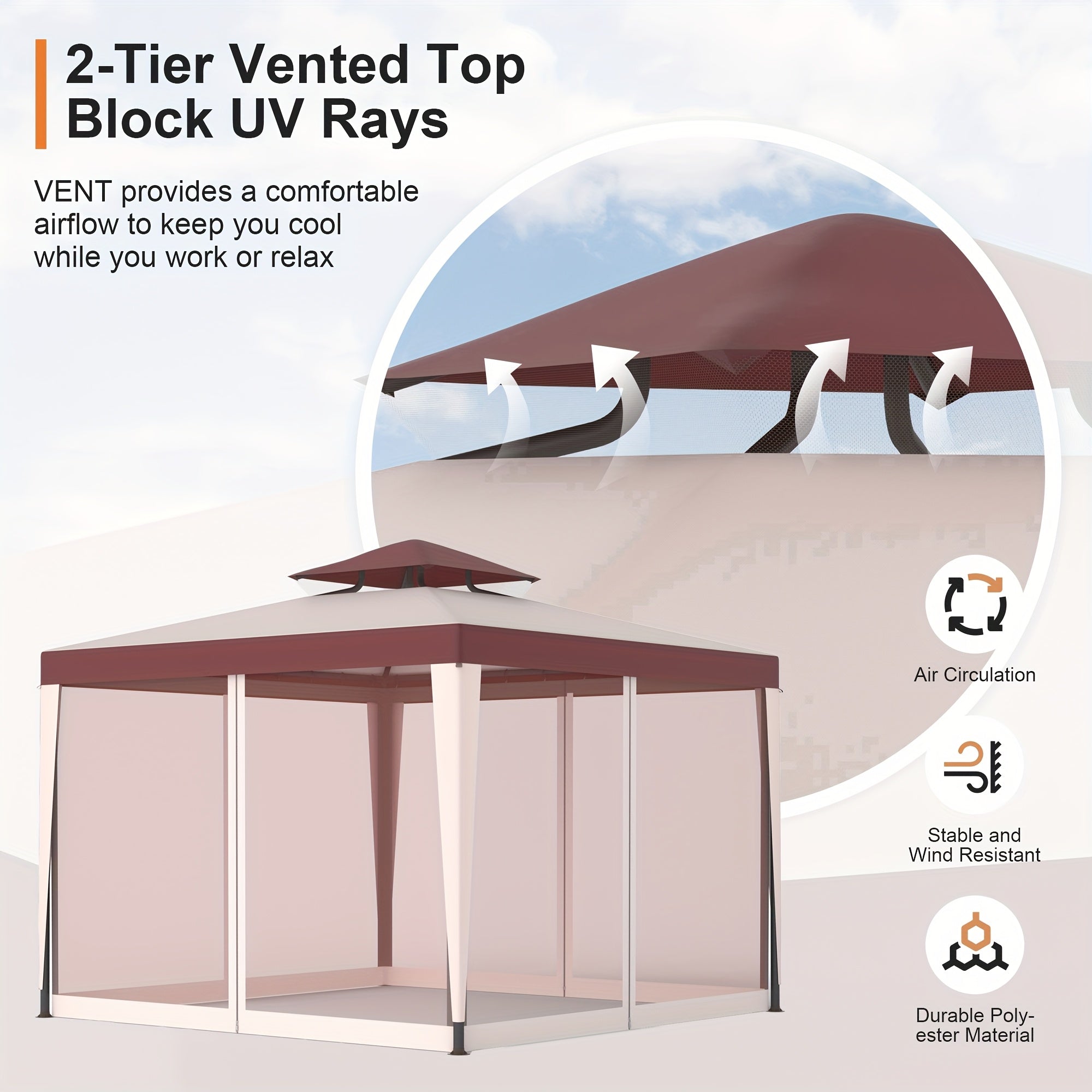 Patio Gazebo Tent Outdoor Canopy Shelter 10'x10' with Mosquito Netting with 100 Square Feet of Shade for Garden, Backyard Deck and Lawns, Party Canopy Gazebo Tent