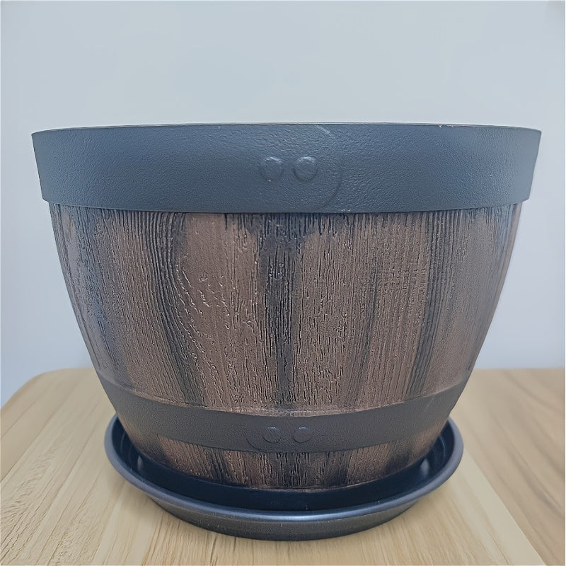 1pc Retro Whiskey Barrel Planter, Resin Striped Garden Pot with Drainage Holes and Tray, Casual Style Plastic Oval Plant Container for Herbs, Flowers, Succulents, Indoor and Outdoor Use Gardening Gift,home Decor