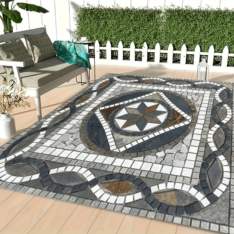 1pc Bohemian Style Retro Marble Print Outdoor Mat, Heavyweight 850gsm Crystal Velvet, Soft & Non-Slip for Christmas/Halloween Patio, Garden, Camping, RV, Beach Party Decor